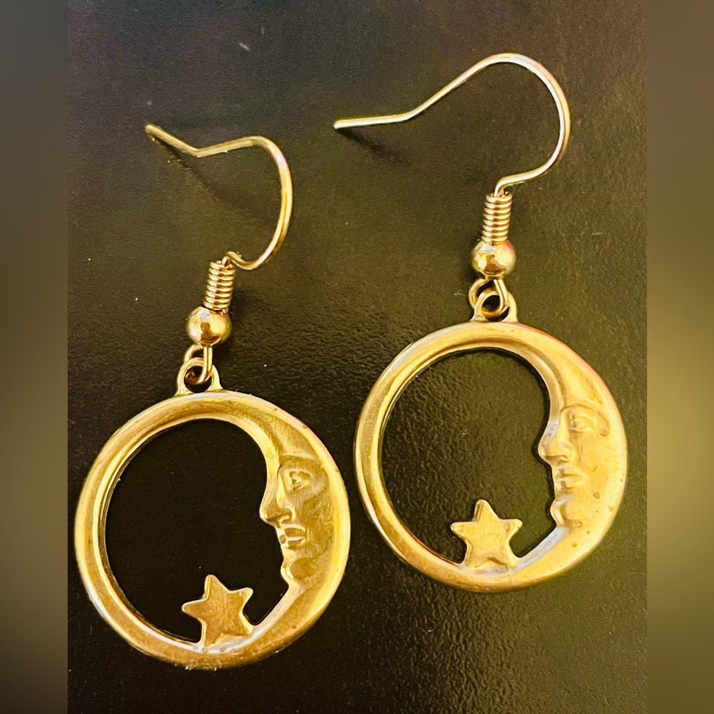 Gold Celestial Moon and Star Earrings - Picture 2 of 6